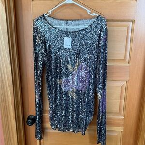 Anthropologie Black Sequin Long-Sleeve Crew with Purple and Gold Accents